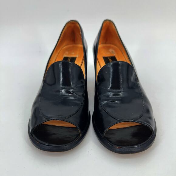 Vtg 90s Classiques Entier Peep Toe Pump Womens 9 N Black Leather Block Heel Shoe - Picture 2 of 10